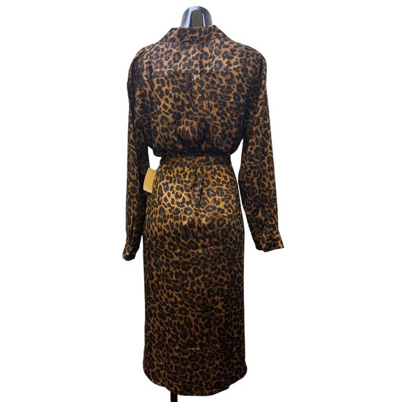 NWT Talbots Animal Print Brown Dress With Belt Button Down Leopard Midi Long Sle - Picture 2 of 9